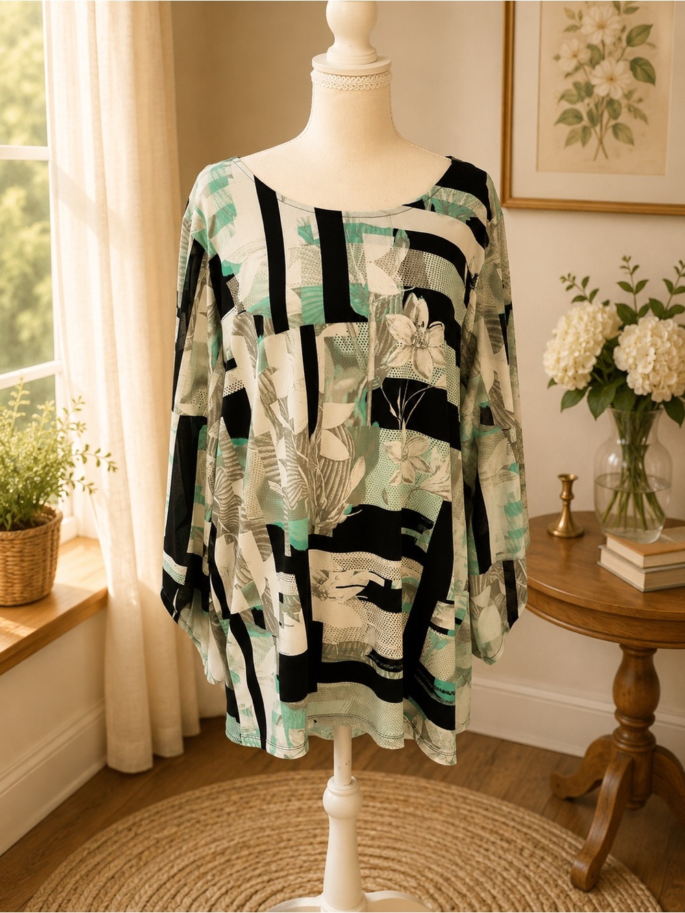 Style & Co. Black, White & Teal Printed Tunic